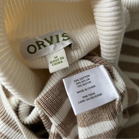 Orvis Ribbed Knit Cotton Blend Turtleneck Sweater Cream Tan Striped M - Picture 5 of 5